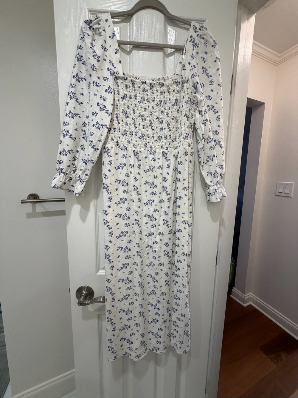 White and Blue Floral Smocked Midi Dress